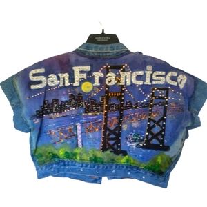 Wearable Art Airbrushed SAN FRANCISCO Cropped Denim Bling Jacket size XL